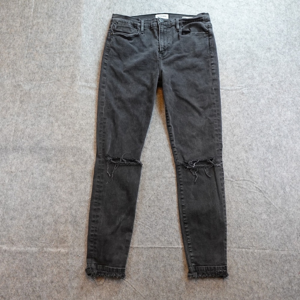 Frame Jeans Womens 32 Black Le High Skinny Denim Raw Hem Distressed Malloy
